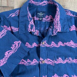 American Eagle Button Down Shirt Men's Size Large Blue Waves Short Sleeve